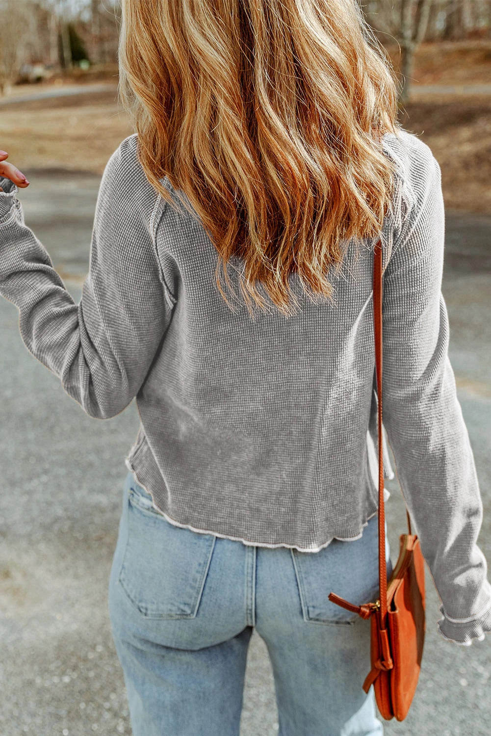Womens Waffle Knit Long Sleeve Top Casual Crew Neck Tee