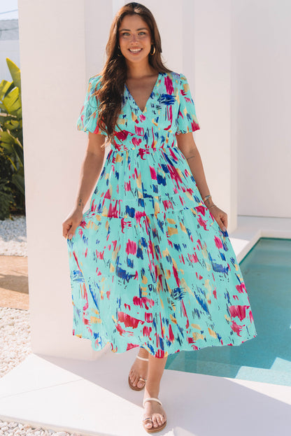Abstract Print Puff Sleeve V Neck Tiered Maxi Dress