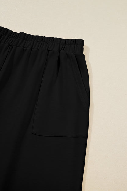 Black Plus Size Elastic Waist Asymmetrical Loose Capris Pants
