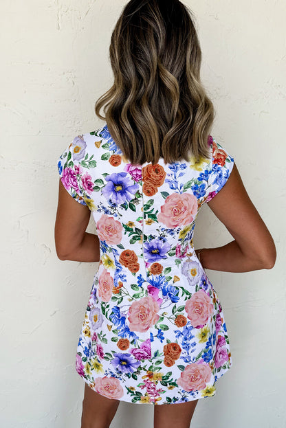 Easter Floral Cap Sleeve Crew Neck Mini Dress