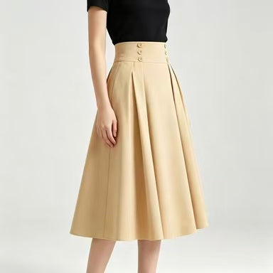 Women's High Waist Pleated A-Line Midi Skirt Button Detail