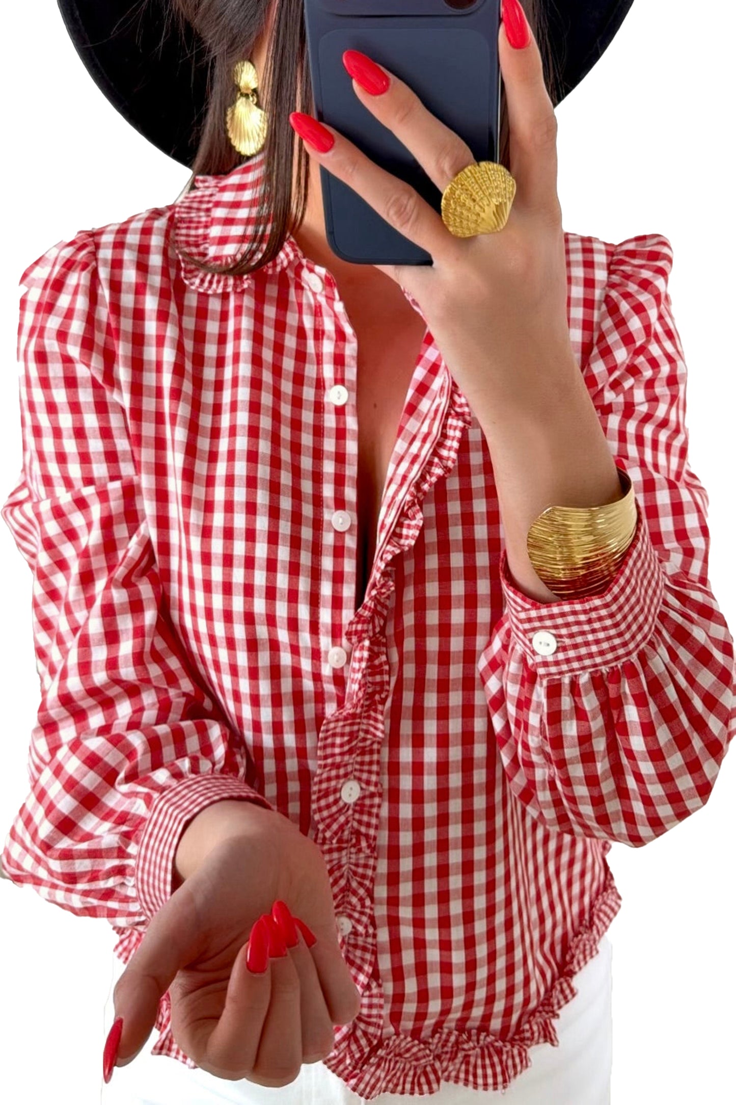 Gingham Plaid Ruffle Button Down Shirt Puff Sleeve