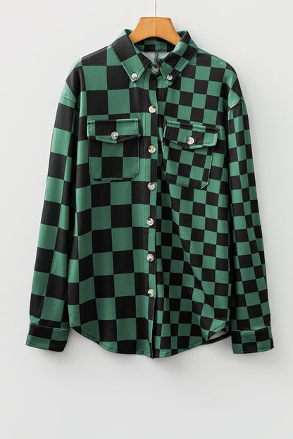 Checkerboard Print Flap Pocket Button Front Shacket