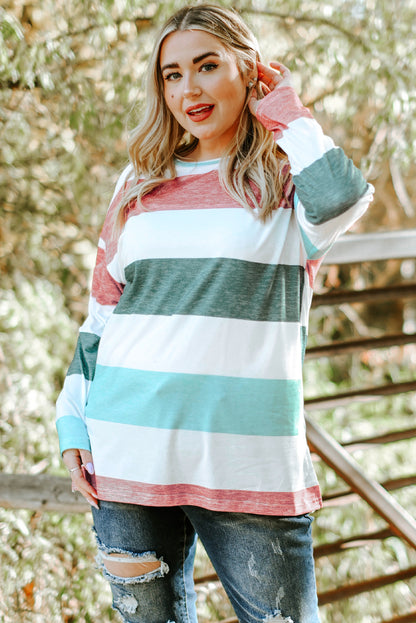 Pink Stripe Plus Size Colorblock Pullover Top