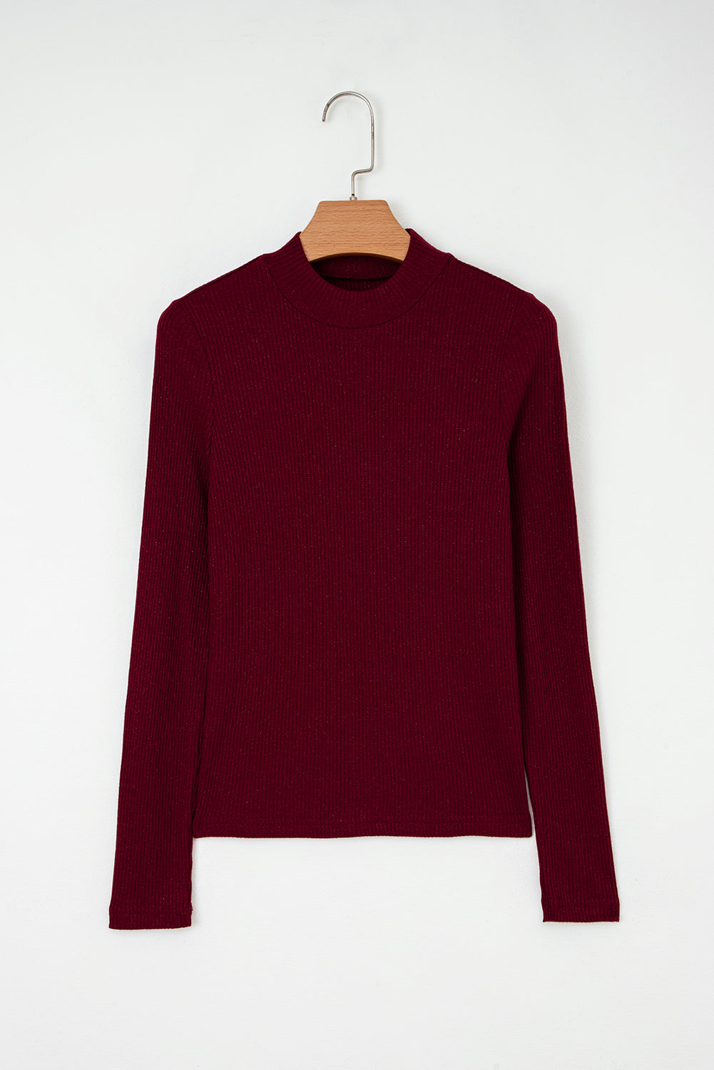 Red Metallic Ribbed Knit Long Sleeve Slim Fit Top