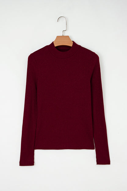 Red Metallic Ribbed Knit Long Sleeve Slim Fit Top