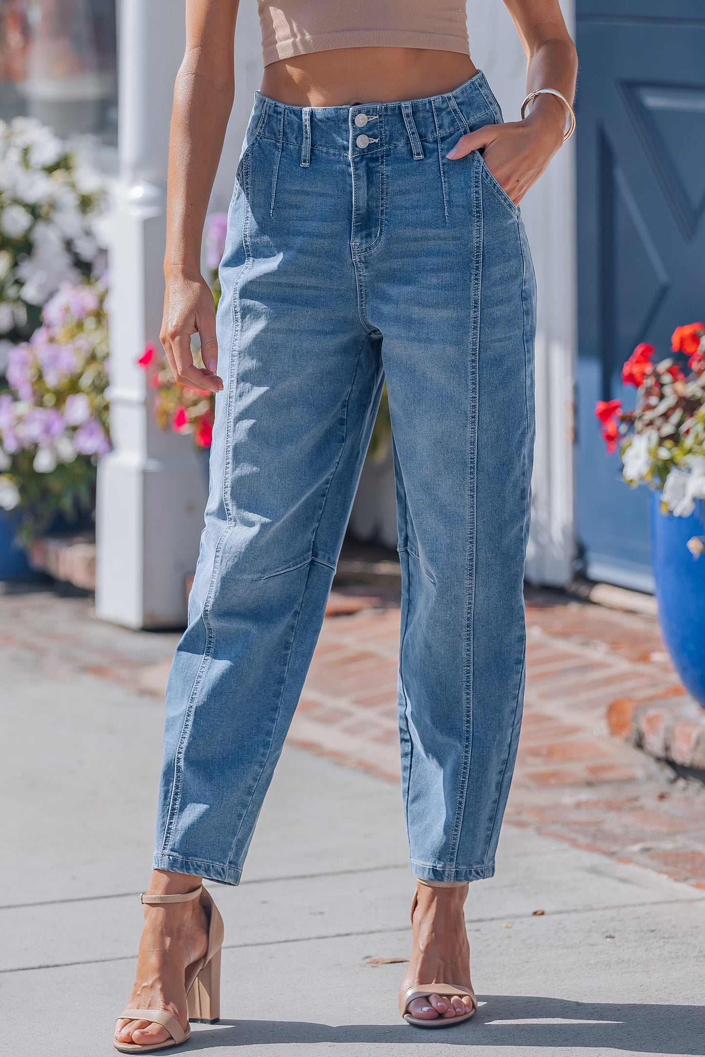 High Rise Seamed Cuffed Barrel Leg Jeans