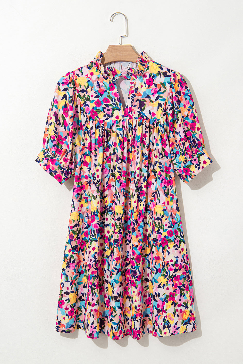 Pink Floral Puff Sleeve V Neck Mini Dress