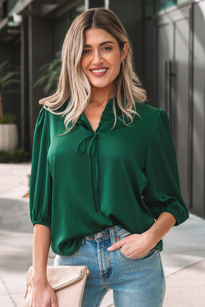 Dark Green Ruffle V Neck Bow Tie 3/4 Sleeve Blouse