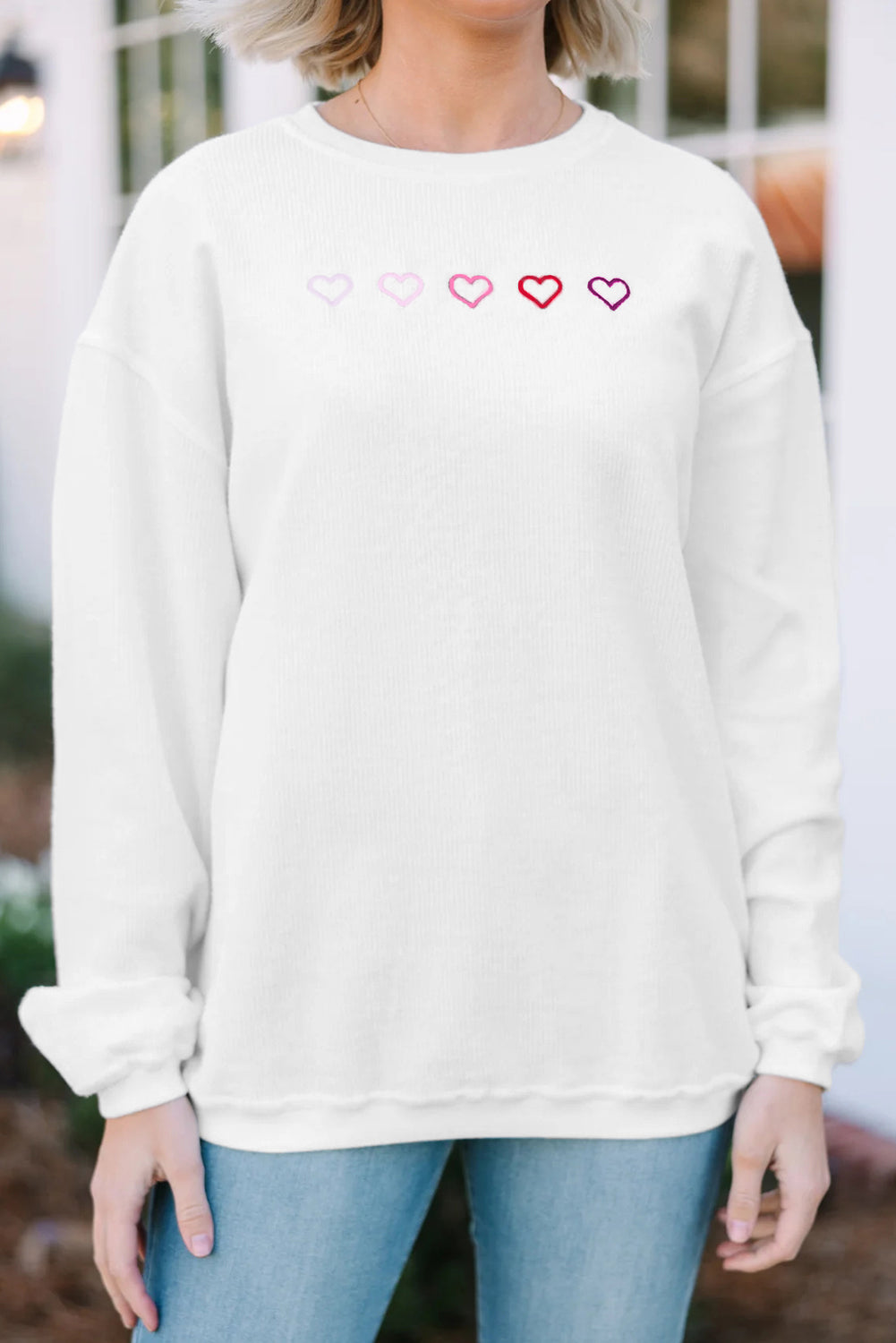 Pink XOXO Heart Embroidered Ribbed Knit Valentines Sweatshirt