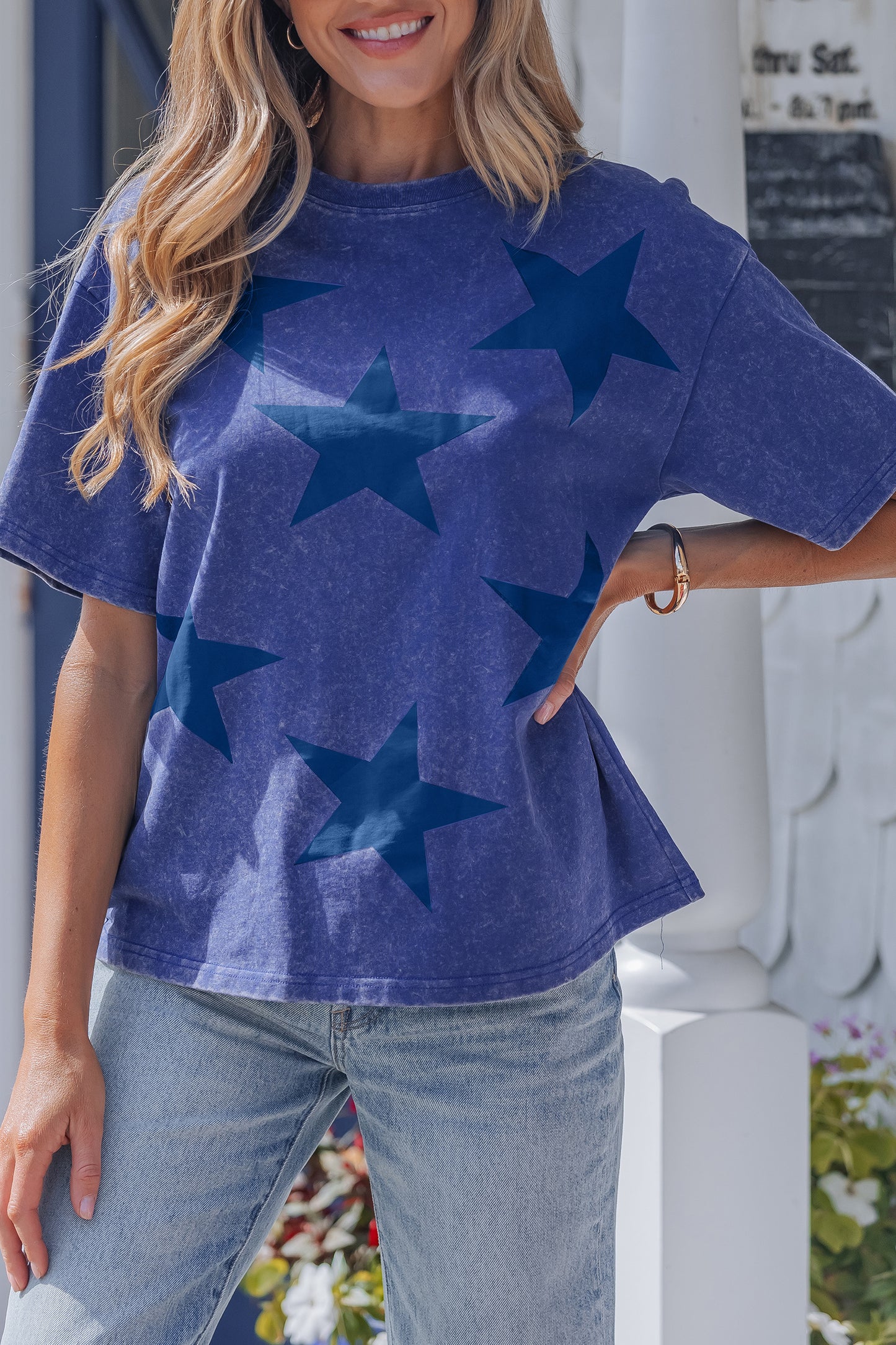Blue Star Print Mineral Wash Flag Day Independence Tee