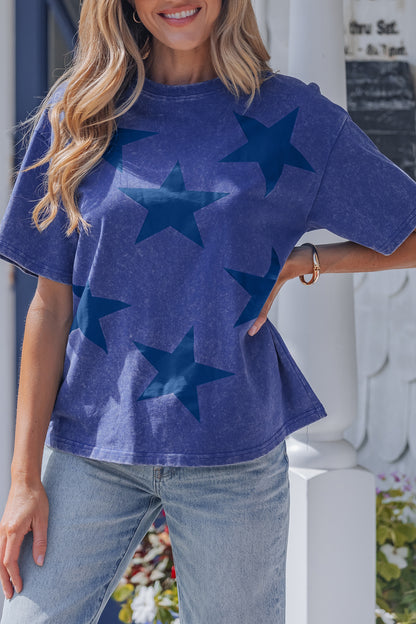 Blue Star Print Mineral Wash Flag Day Independence Tee
