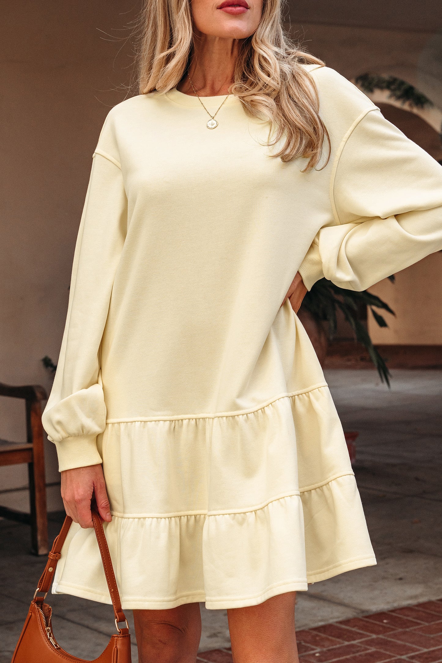 Beige Ruffle Hem Long Sleeve Loose Casual Mini Dress