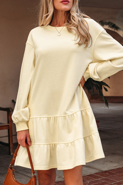 Beige Ruffle Hem Long Sleeve Loose Casual Mini Dress
