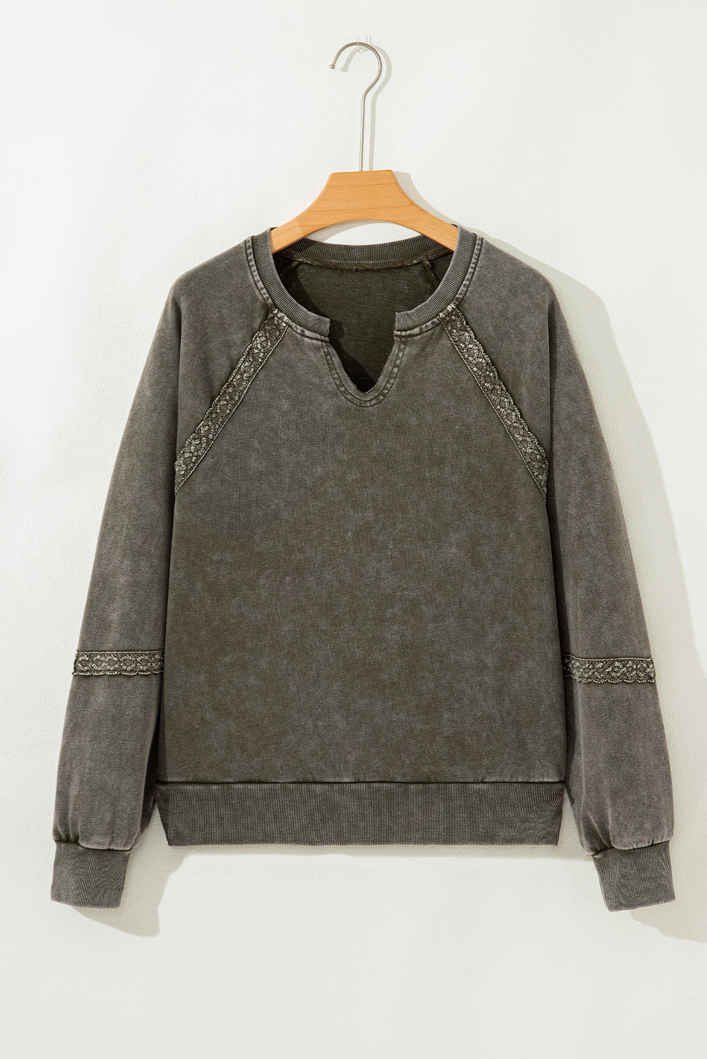 Lace Patchwork Notched Neck Mineral Wash Sweatshirt