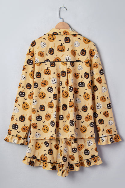 Halloween Pumpkin Print Ruffle Shorts Pajama Set
