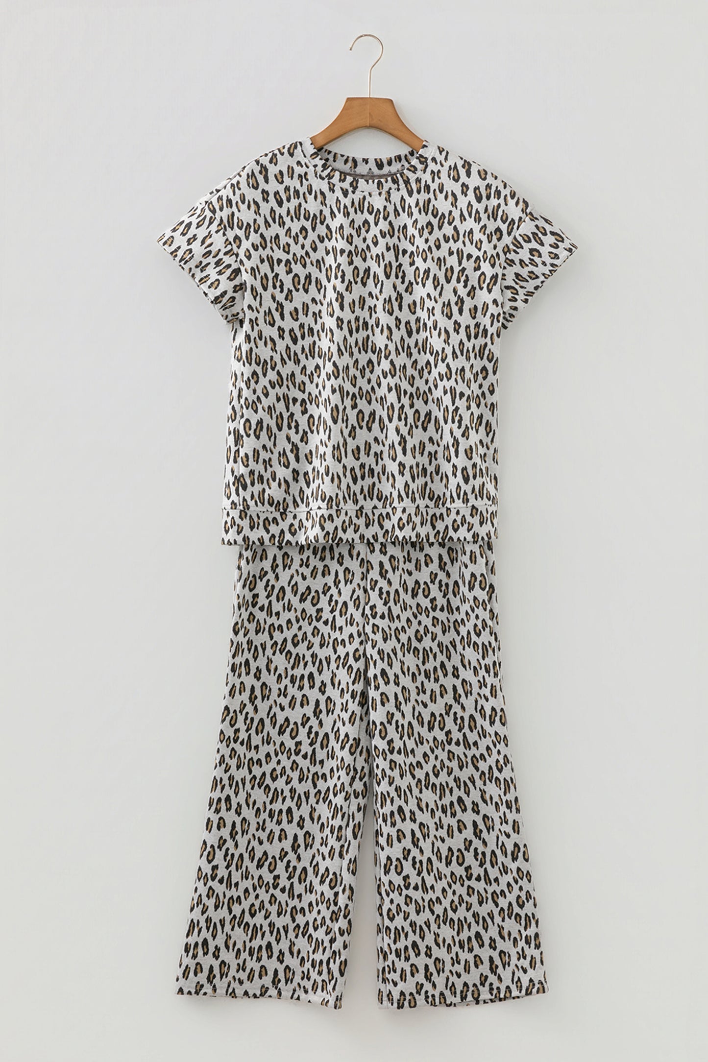 Beige Leopard Print Short Sleeve Top and Wide Leg Pants Set