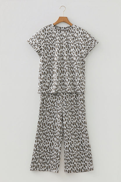 Beige Leopard Print Short Sleeve Top and Wide Leg Pants Set