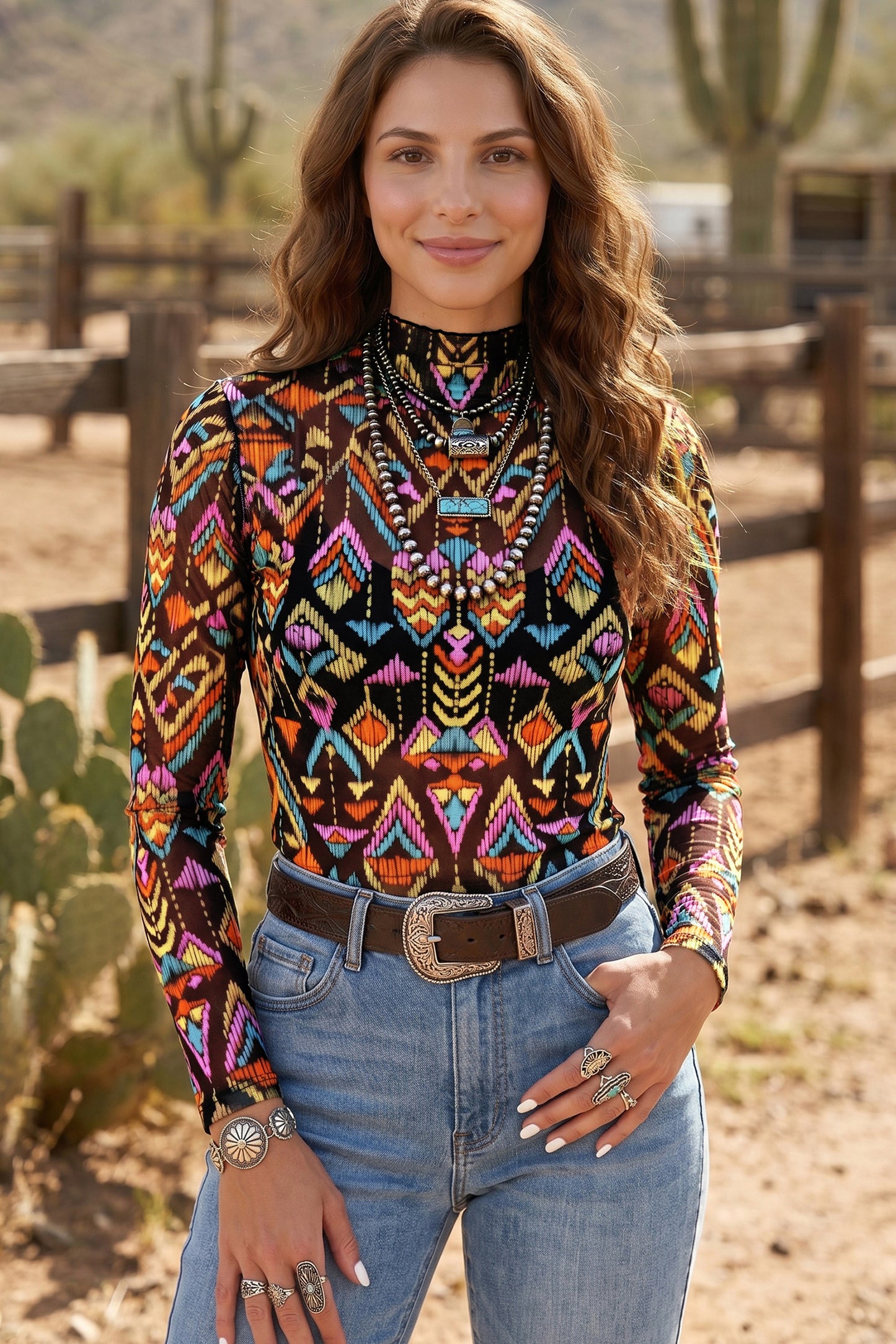 Abstract Print Mock Neck Mesh Long Sleeve Top
