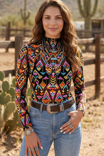 Abstract Print Mock Neck Mesh Long Sleeve Top