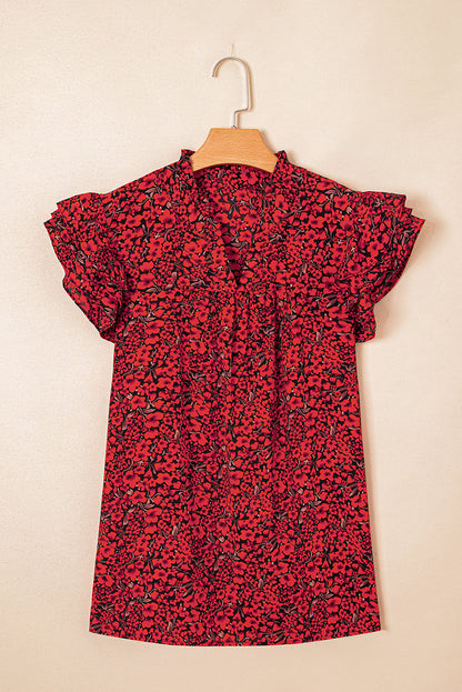 Black Rose Floral Print Ruffle Sleeve Plus Size Shift Top