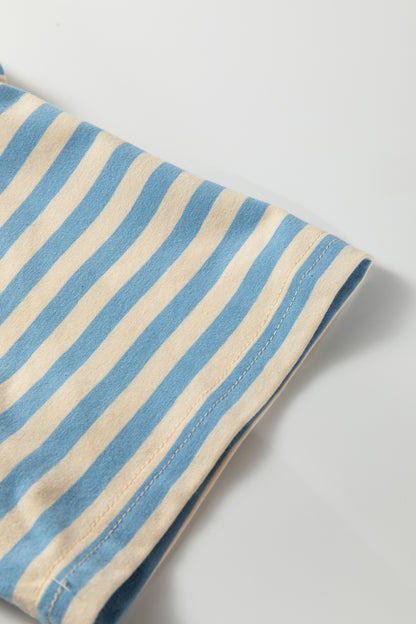 Sky Blue Striped Contrast Neck Drop Shoulder Loose Tee