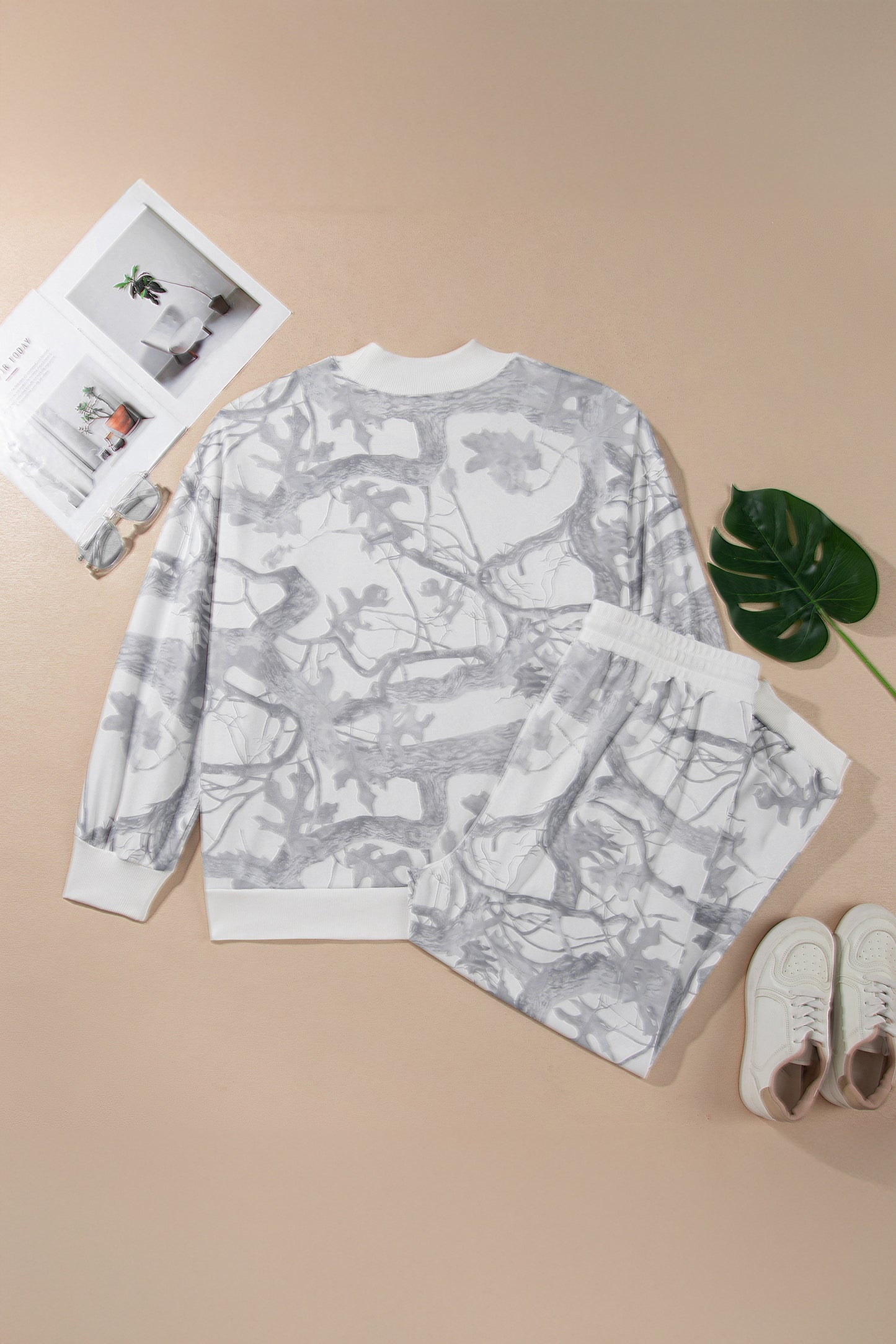 Gray Camo Print Oversized Sweatshirt Pants Set