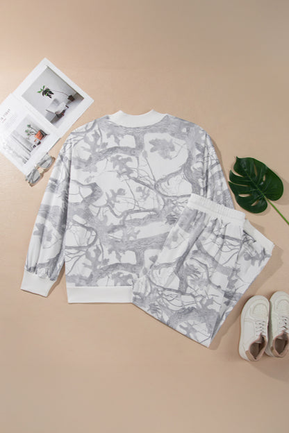 Gray Camo Print Oversized Sweatshirt Pants Set