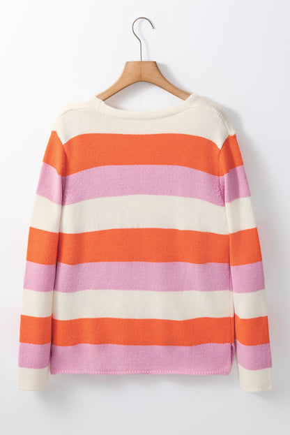 Orange Stripe Colorblock V Neck Casual Sweater