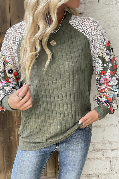 Parchment Floral Patchwork Long Sleeve Ribbed Blouse