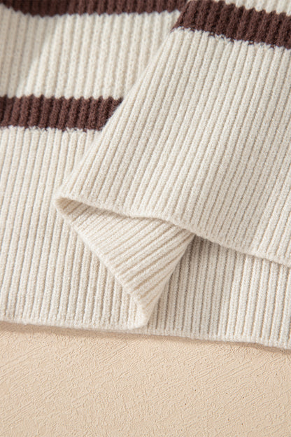 Striped Ribbed Henley Sweater Drop Shoulder Pullover
