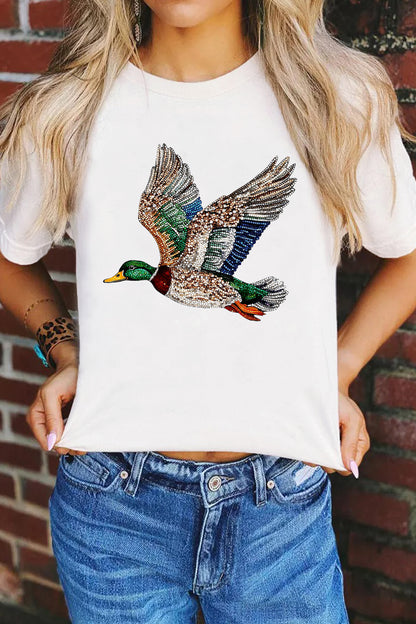 Rhinestone Duck Graphic Tee Crew Neck Casual T Shirt