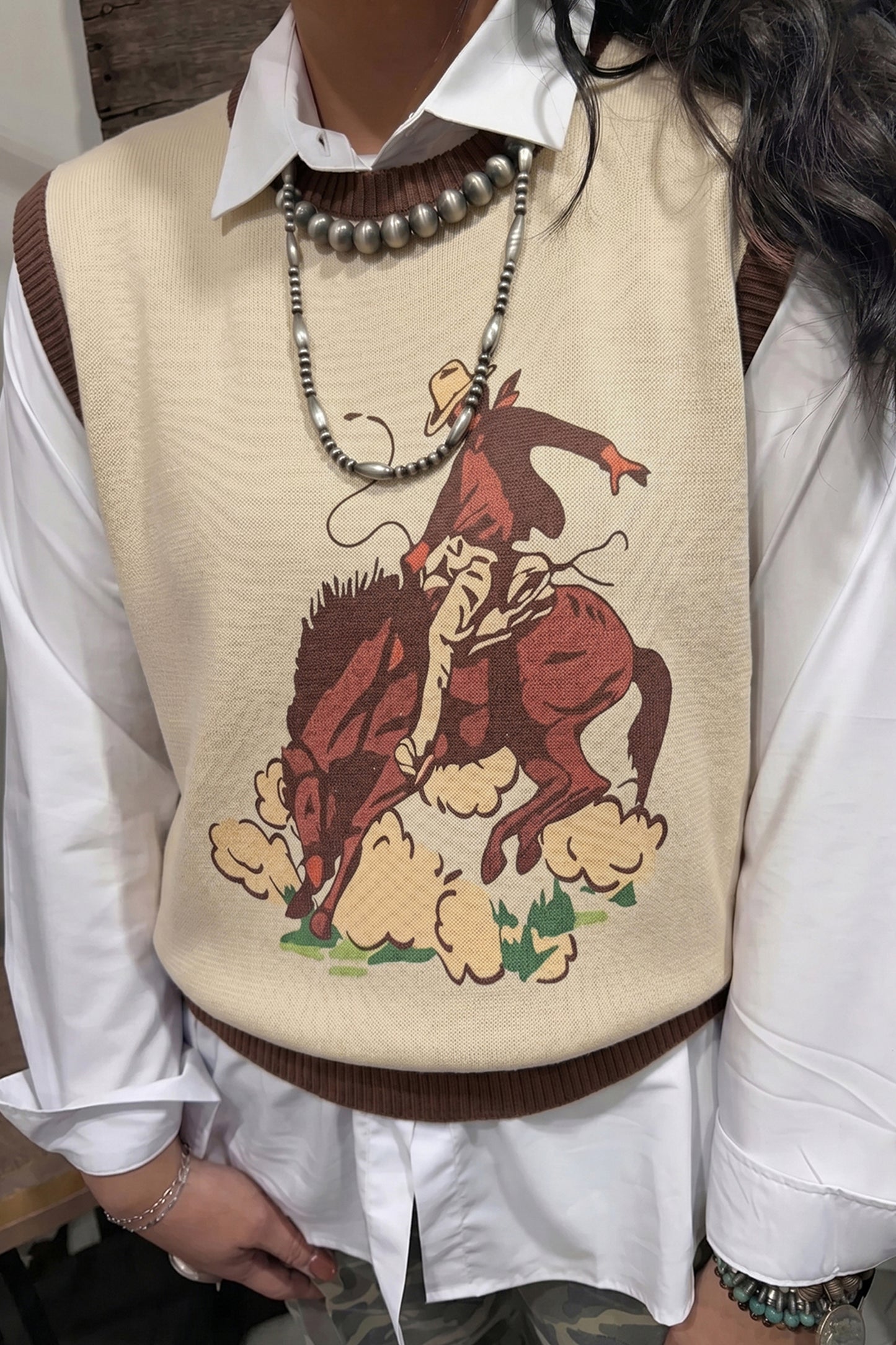 Khaki Western Cowboy Horse Print Knit Sweater Vest