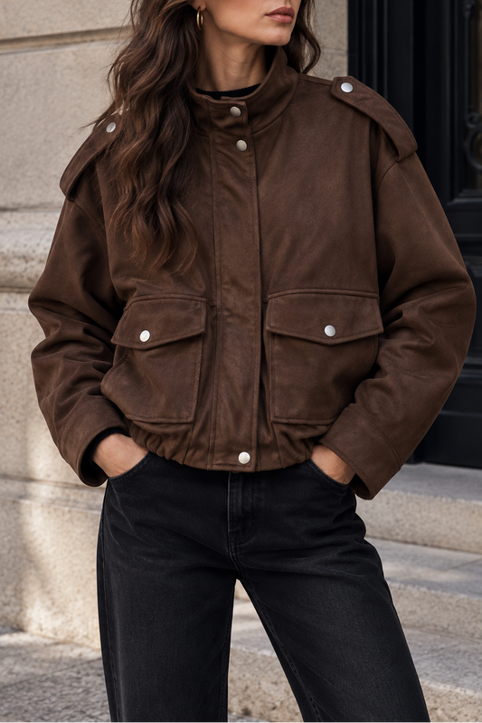 Women's Oversized Faux Suede Bomber Jacket Vintage