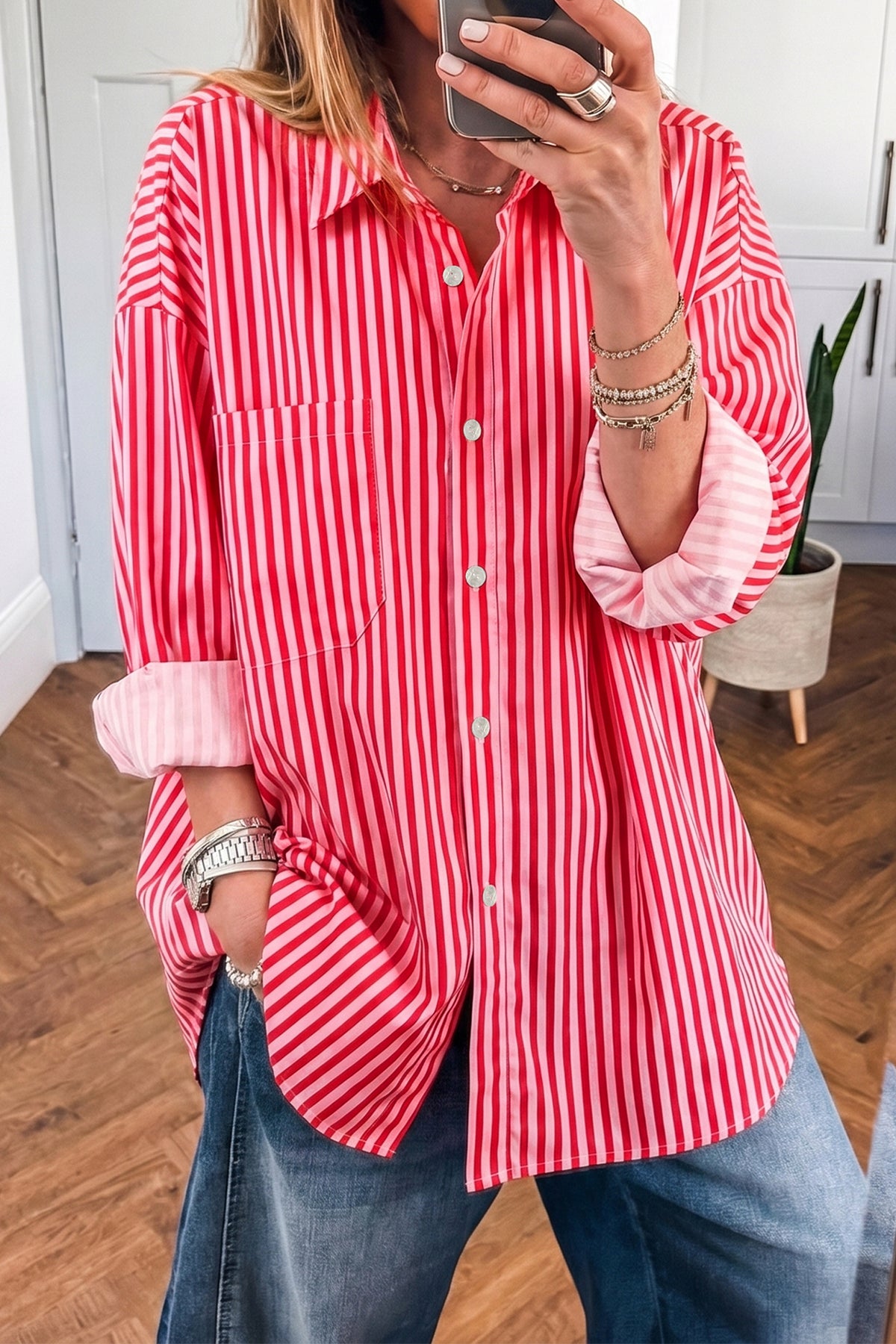 Red Stripe Tie Front Button Up Long Sleeve Casual Shirt