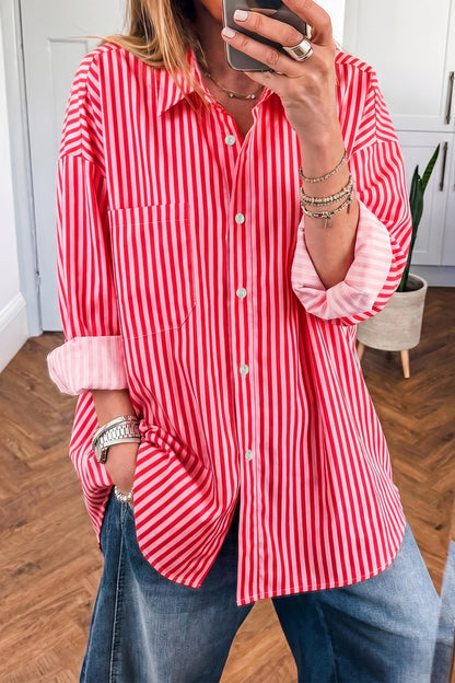 Red Stripe Tie Front Button Up Long Sleeve Casual Shirt
