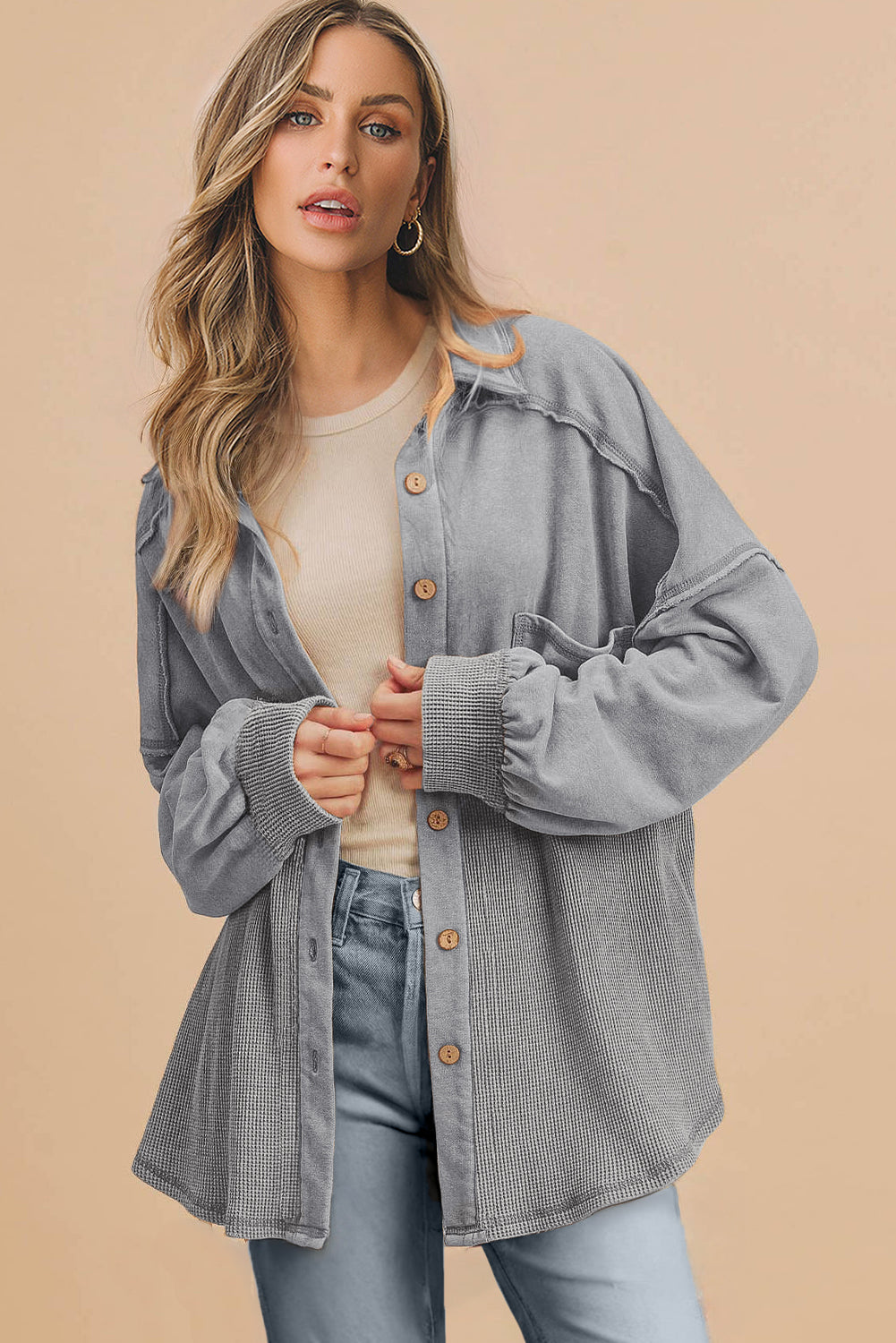 Black Waffle Knit Button Down Shacket Oversized Long Sleeve Top