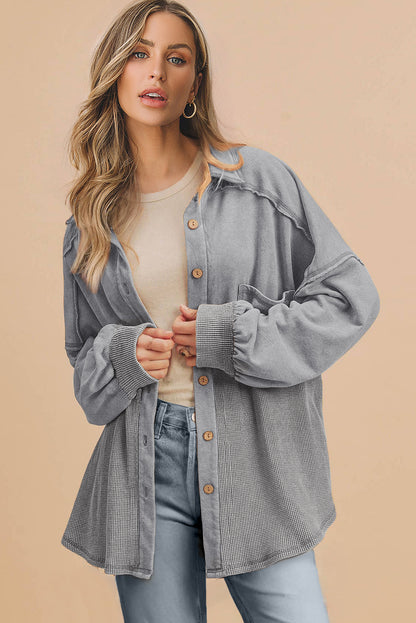 Black Waffle Knit Button Down Shacket Oversized Long Sleeve Top