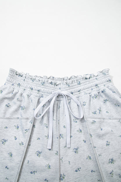Gray Floral Print Elastic Waist Regular Fit Pants