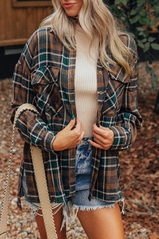 Brown Plaid Button-Down Shacket with Chest Pockets