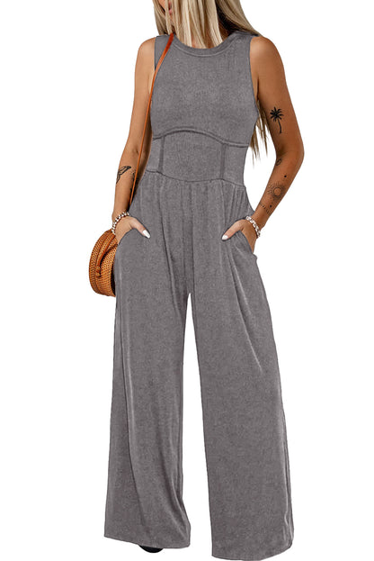 Blackish Green Cinched Waist Sleeveless Wide Leg Jumpsuit