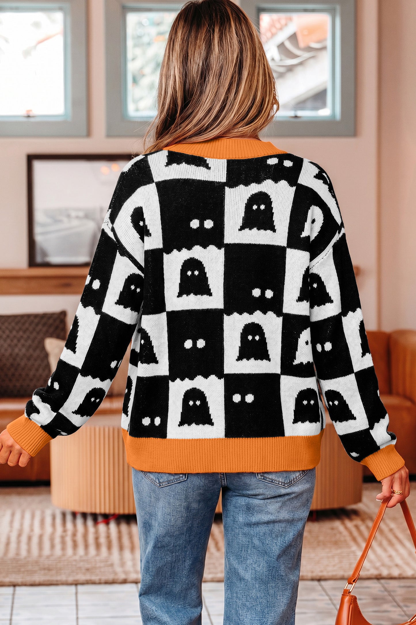 Halloween Ghost Print Open Front Knit Cardigan