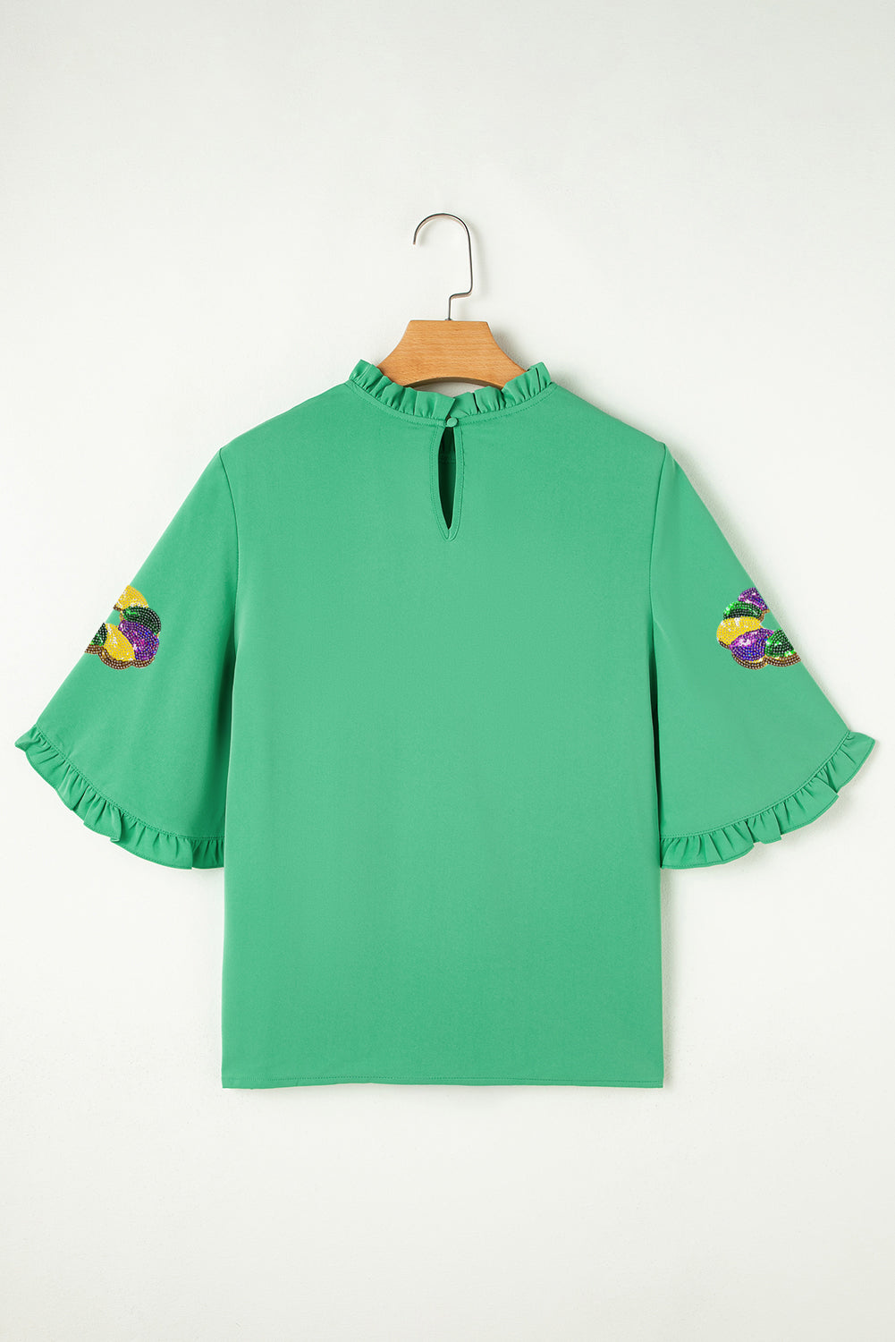 Green Mardi Gras Sequin Beads Ruffle Bell Sleeve Blouse