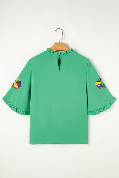 Green Mardi Gras Sequin Beads Ruffle Bell Sleeve Blouse
