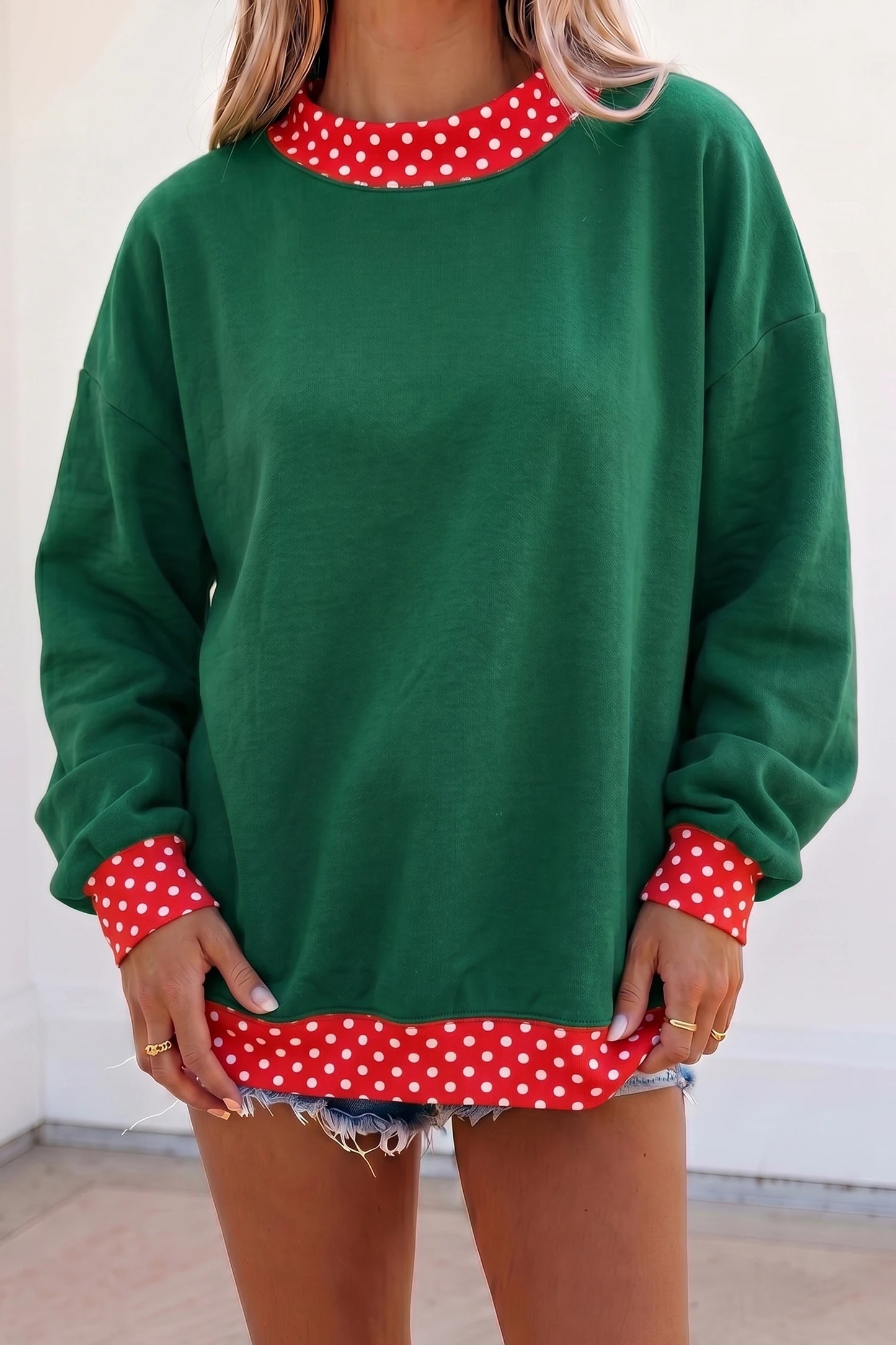 Red Polka Dot Trim Oversized Colorblock Sweatshirt