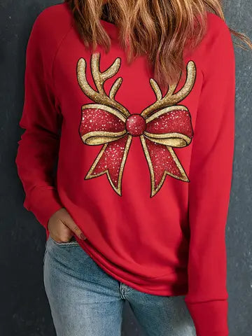 Red Christmas Antler Bow Graphic Crew Neck Sweatshirt