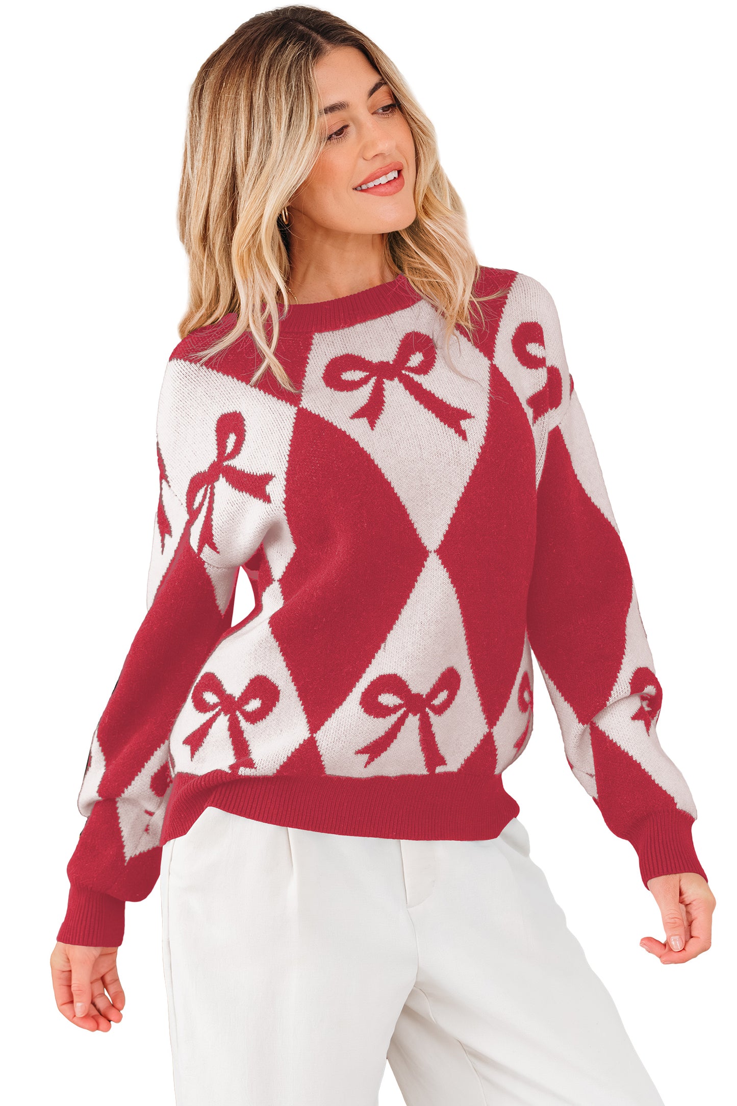 Valentine Black Bow Argyle Oversized Knit Sweater