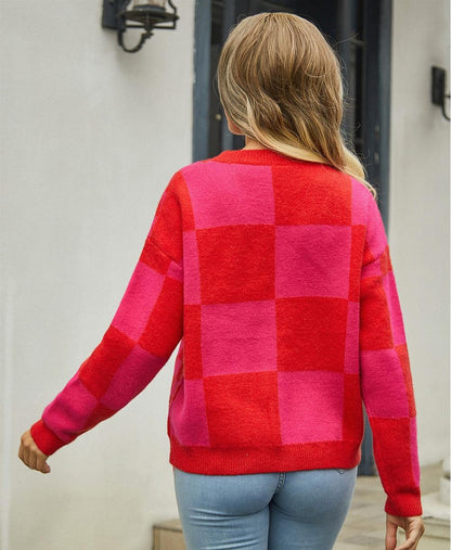 Checkerboard Colorblock Knit Cardigan - Oversized Fit