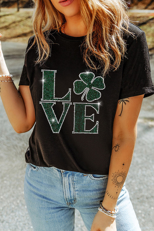 Black Rhinestone Clover LOVE St Patrick’s Day Graphic Tee