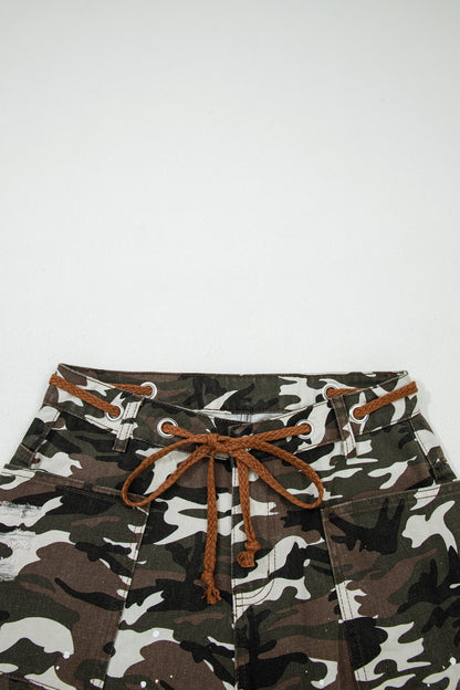 Green Camouflage Distressed Loose Fit Denim Pants